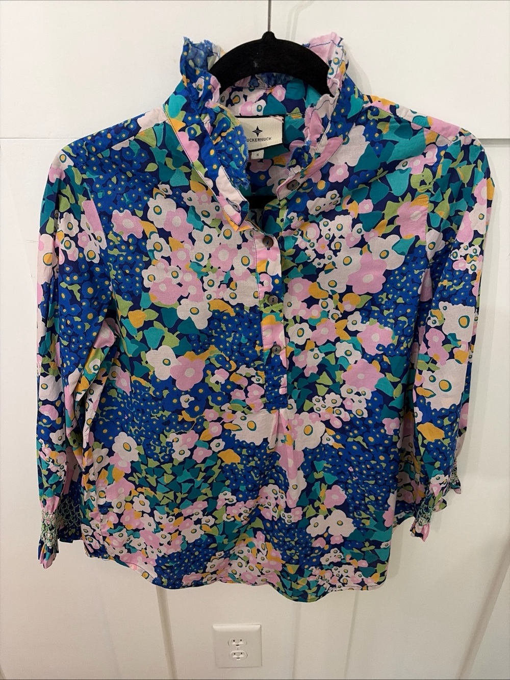 Tuckernuck Blue Floral Ruffle-Collared pullover shirt